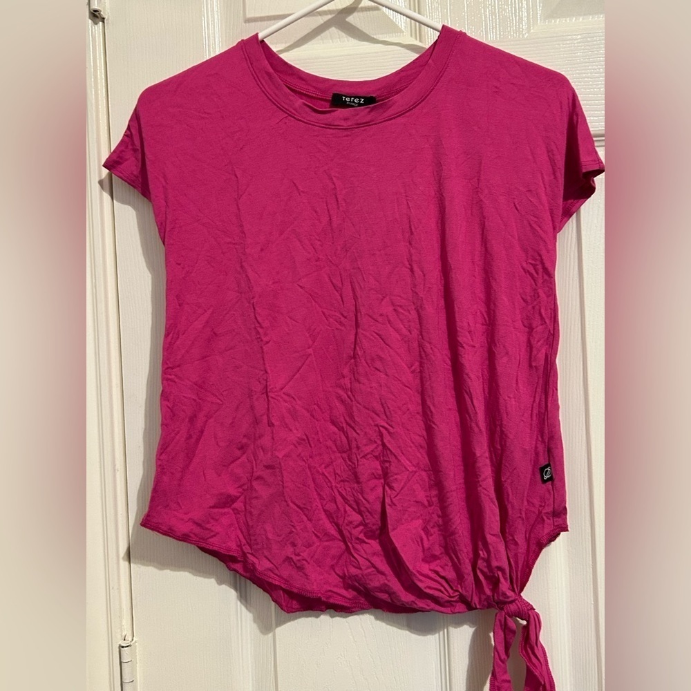NWT Terez girls XL top. Barbie hot pink cap sleeve front side tie dance